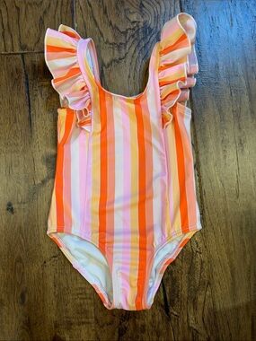 Kids Cat & Jack Pink And Orange Striped Ruffle One-Piece Swimsuit